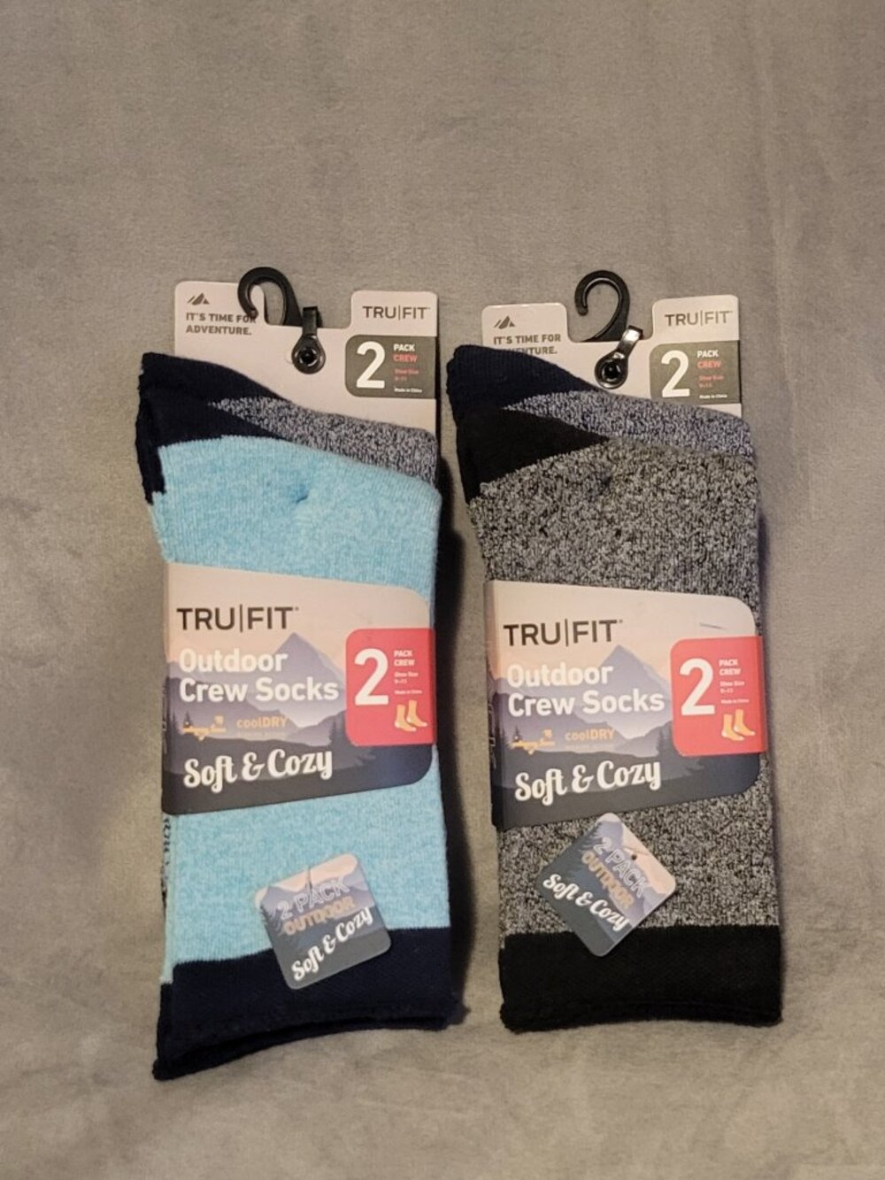 TruFit Outdoor Crew Socks Two 2 Packs Colorblock Blue Gray Black 9-11 Knit